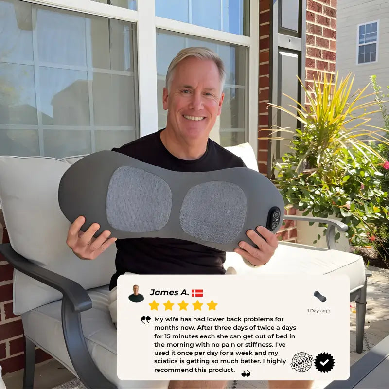 Electric lumbar support cushion designed to relieve lower back pain and muscle stiffness at home or office