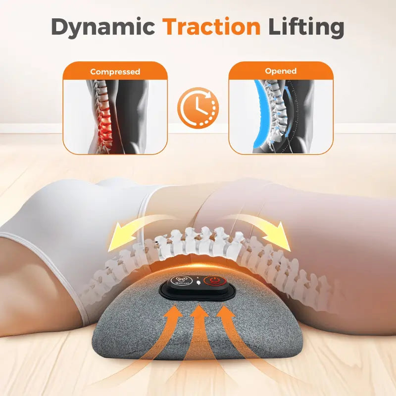 Electric lumbar support cushion designed to relieve lower back pain and muscle stiffness at home or office