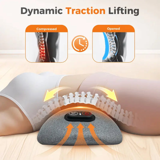 Electric lumbar support cushion designed to relieve lower back pain and muscle stiffness at home or office