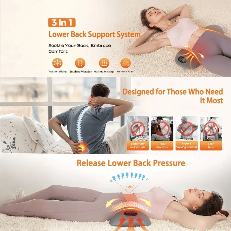 Airbag traction back massager providing gentle lumbar stretching for sciatica and herniated disc relief