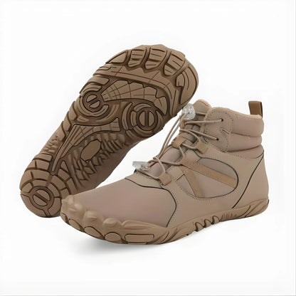 Barefoot hiking boots on snowy trail