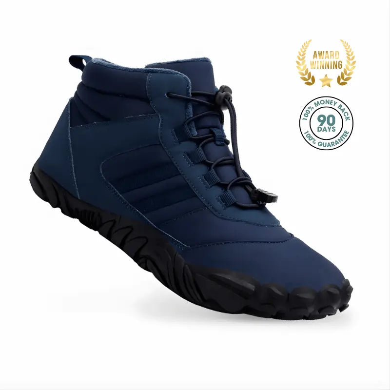 barefoot winter boots walking in snow