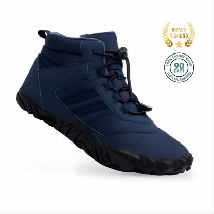 barefoot winter boots walking in snow