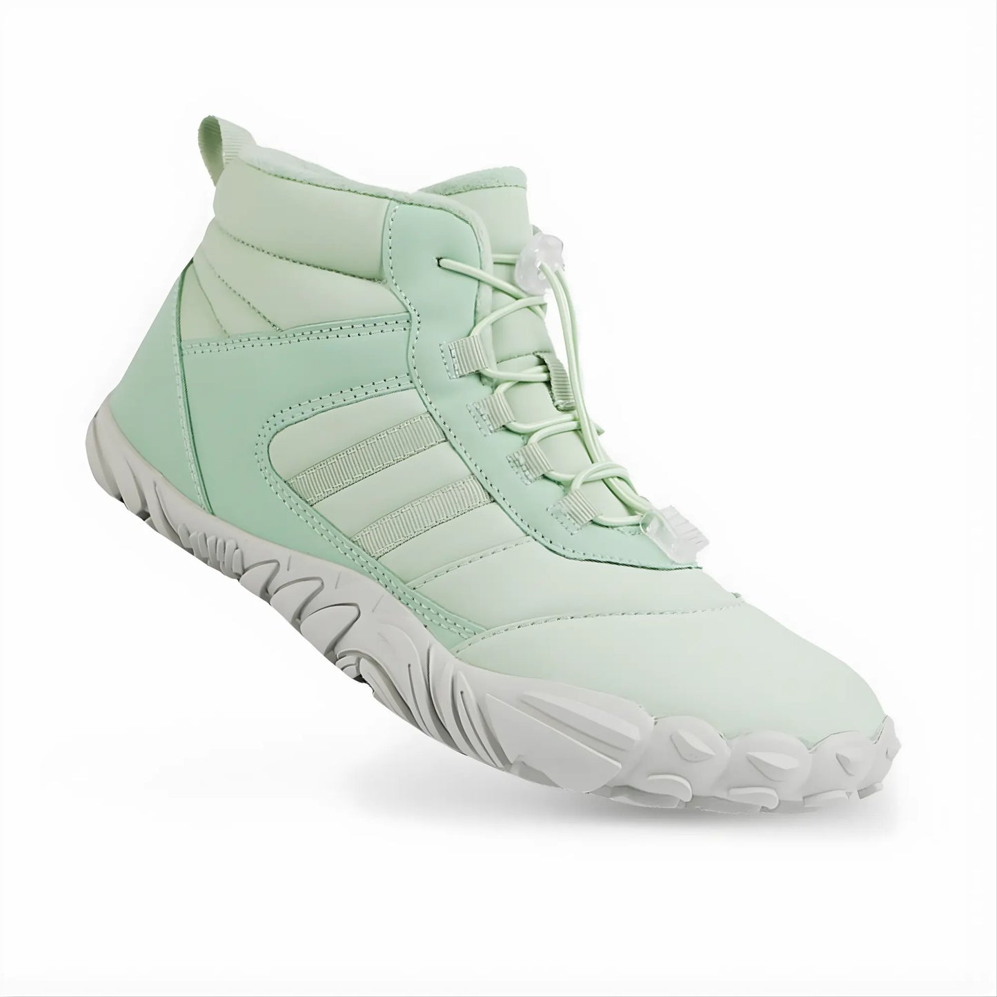 barefoot hiking boots on snowy trail