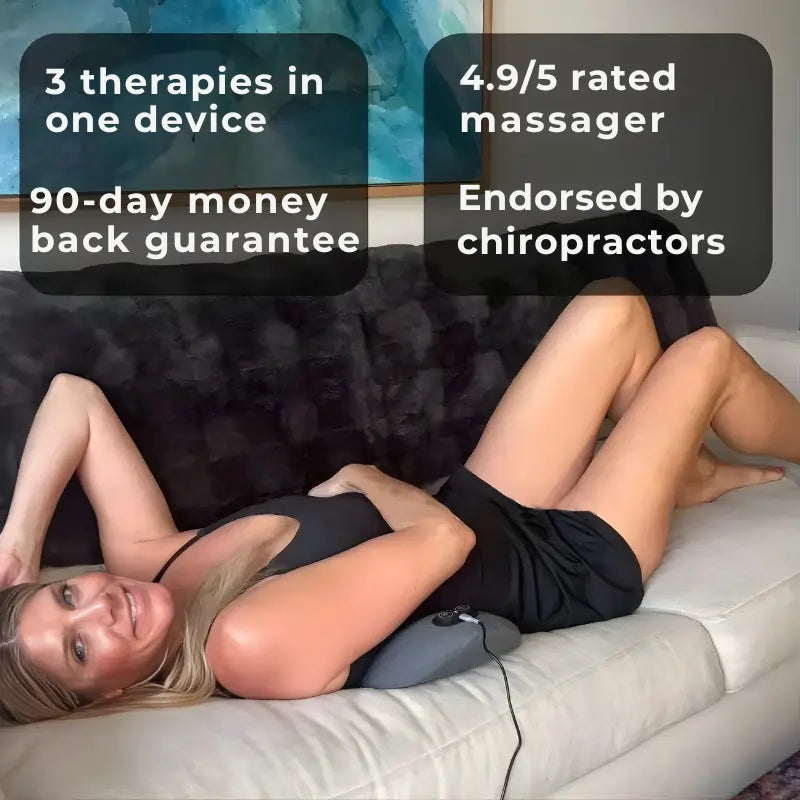 Woman using electric lumbar back massager on office chair for desk worker back pain relief