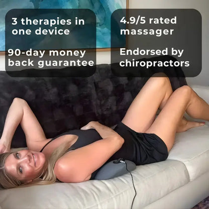 Woman using electric lumbar back massager on office chair for desk worker back pain relief