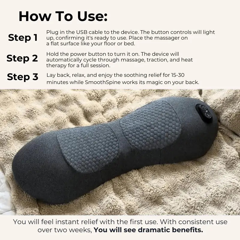 Man relaxing with lumbar massage cushion on home sofa, enjoying heat and vibration therapy